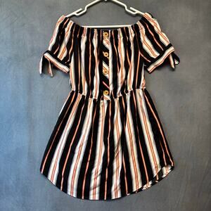 Hint of Blush Striped Off Shoulder Mini Dress L Black Orange White Boho Chic